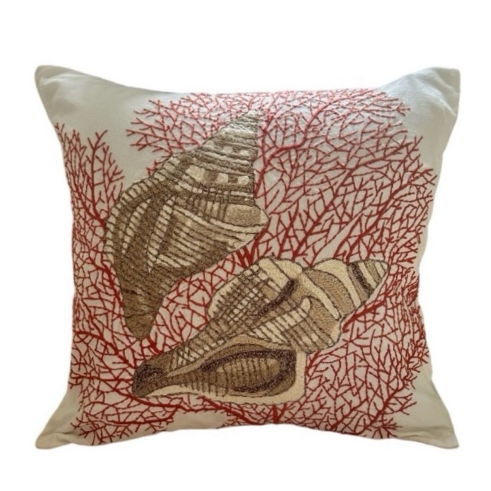 Pottery Barn Seashell and Coral Embroidered Pillow Cover 18”X18”